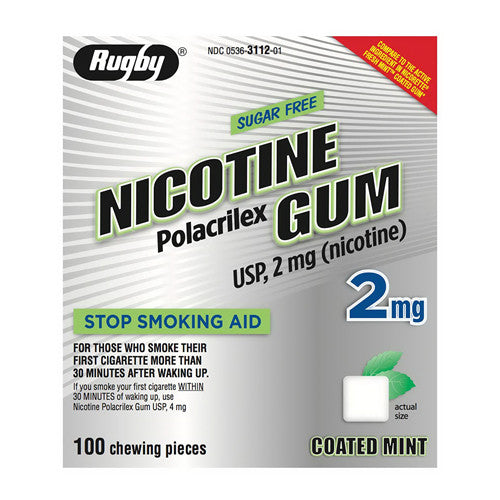 Rugby Nicotine Gum Polacrilex Usp 2 Mg Sugar Free Stop Smoking Aid Coated Mint Chews, 100 Ea